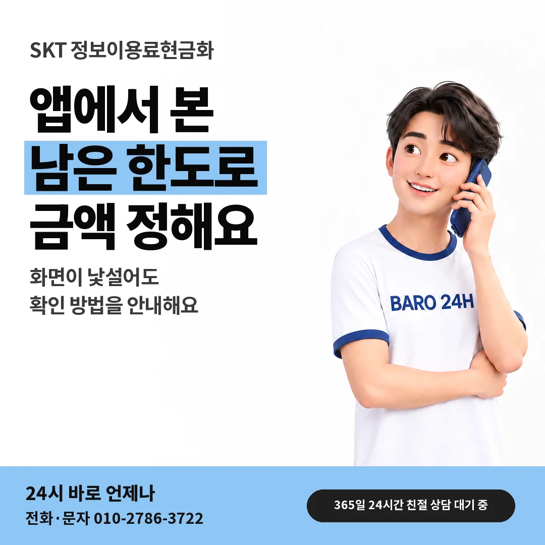 BARO 24H 티셔츠를 입은 3D 인물 옆에 「SKT 앱에서 한도 살피기」 제목을 얹은 안내 카드