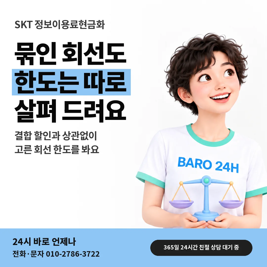 BARO 24H 티셔츠를 입은 3D 인물 옆에 「SKT 가족 결합 할인과 한도」 제목을 얹은 안내 카드