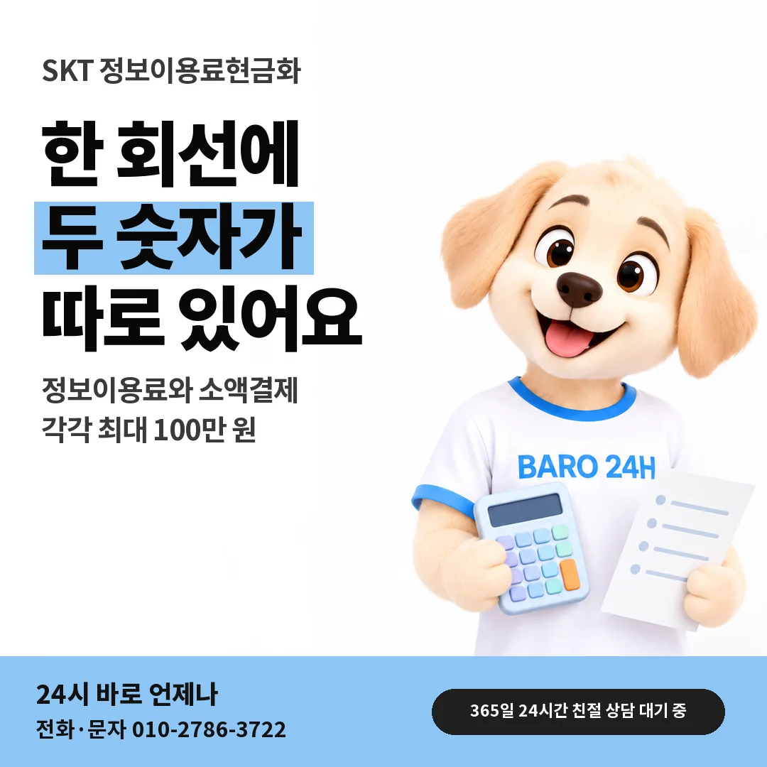 BARO 24H 티셔츠를 입은 3D 동물 캐릭터 옆에 「SKT 정보이용료와 소액결제 한도」 제목을 얹은 안내 카드